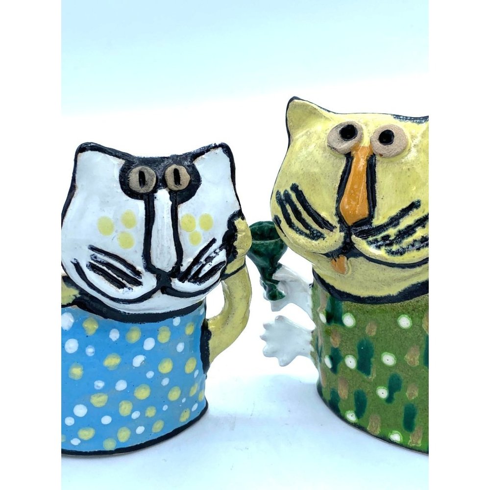 Hand Painted Whimsical Cat Statues with Wine Glasses Set of 2 /Signed